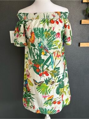 J.Crew Tropical Off Shoulder Dress Size 0 Bird Floral Vacation Mini Cotton